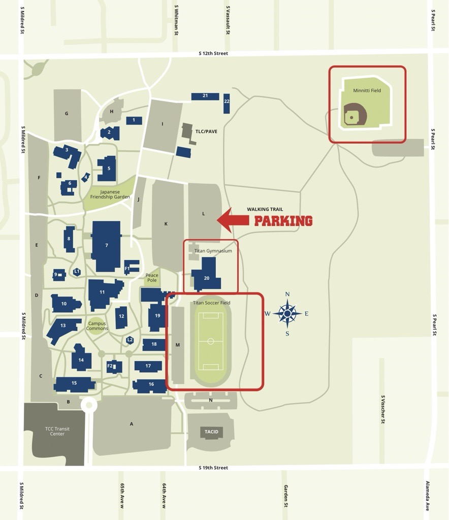 Campus map with facilities highlighted in red 